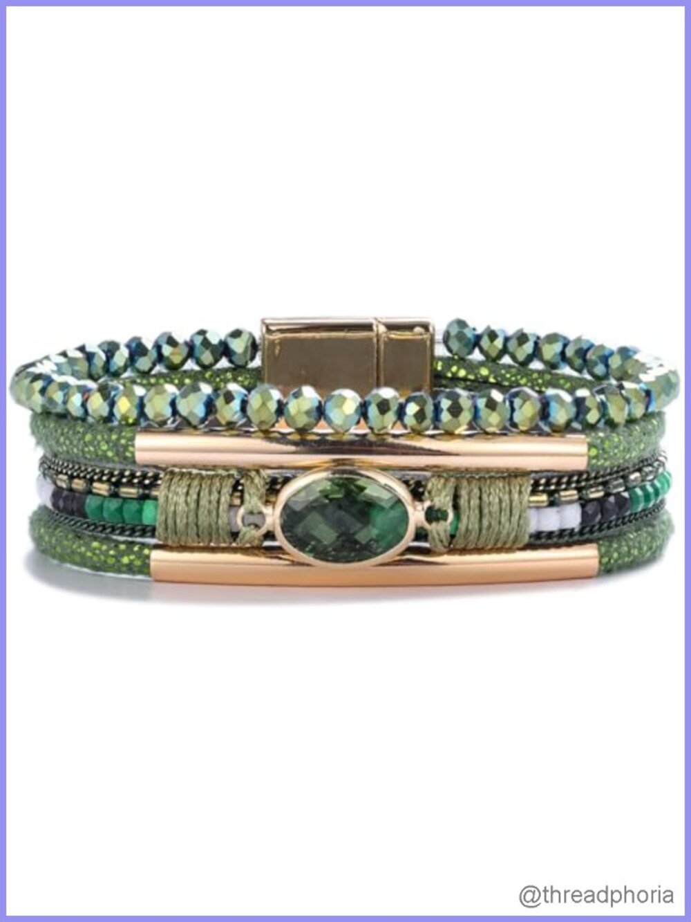 Crystal Beaded Leather Wrap Bracelet Boho Stackable Chunky Cuff Magnetic